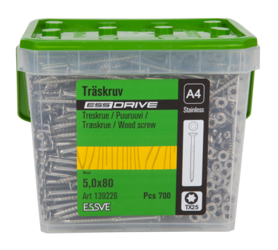 TRÄSKRUV ESSDRIVE FÖRSÄNKT HUVUD ROSTFRI A4 5,0X80 700ST