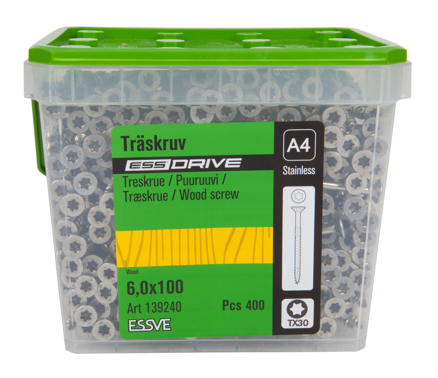 TRÄSKRUV ESSDRIVE FÖRSÄNKT HUVUD ROSTFRI A4 6,0X100 400ST