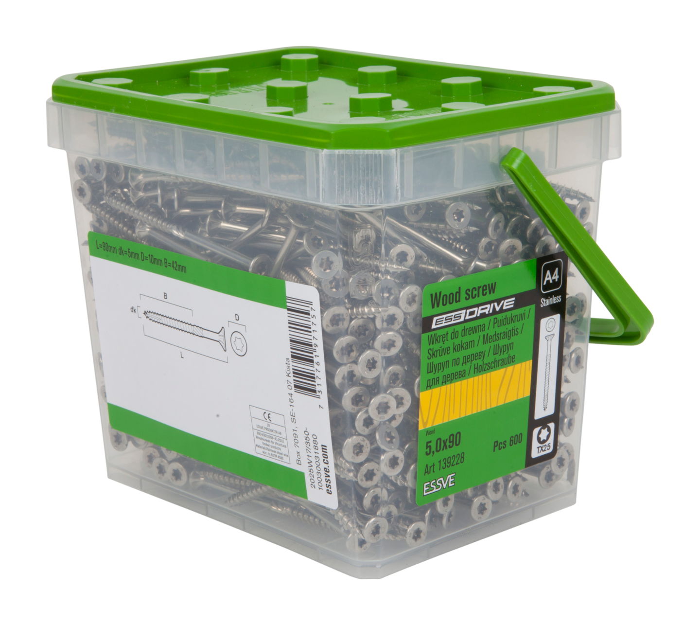 TRÄSKRUV ESSDRIVE FÖRSÄNKT HUVUD ROSTFRI A4 5,0X90 600ST