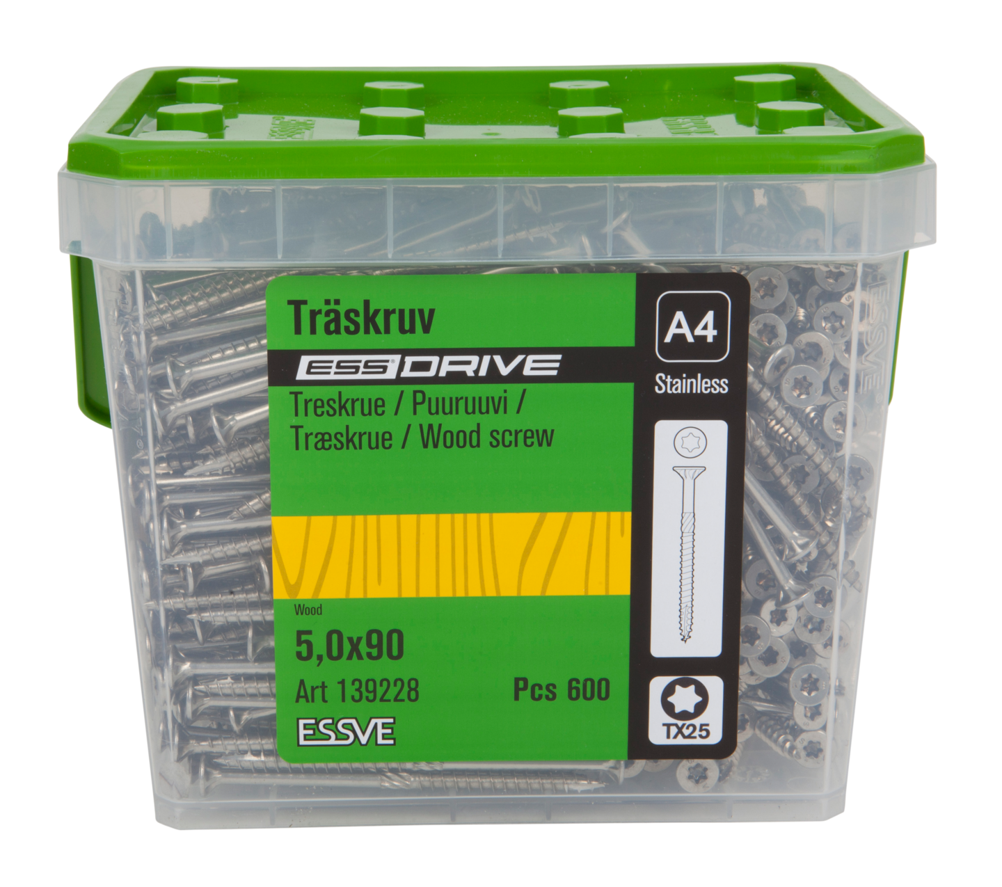 TRÄSKRUV ESSDRIVE FÖRSÄNKT HUVUD ROSTFRI A4 5,0X90 600ST