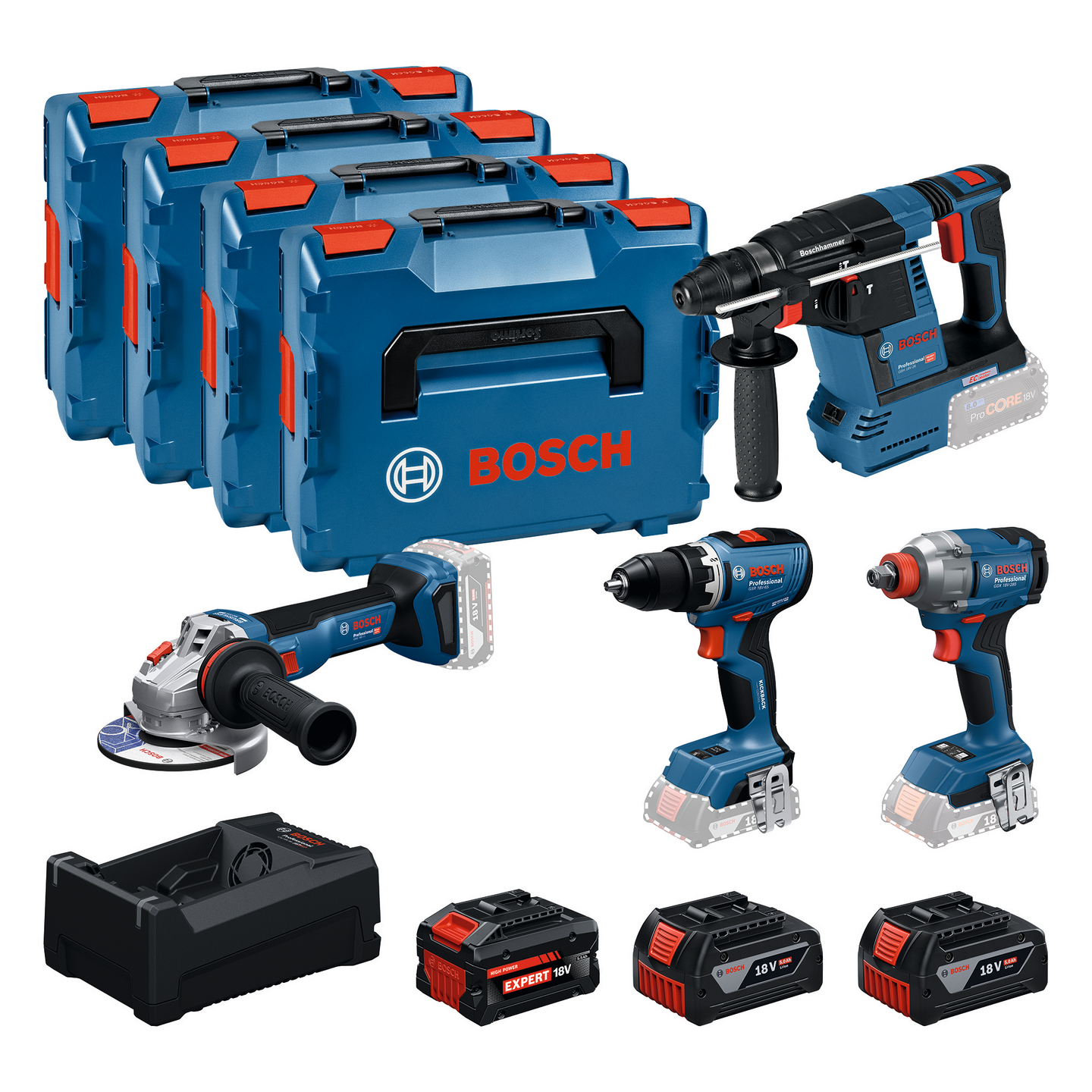 Akkukonesarja Bosch 18 V GSR/GDX/GBH/GWS 2x5Ah, 5,5Ah, GAL 12V-18V-80, 4xL-Boxx