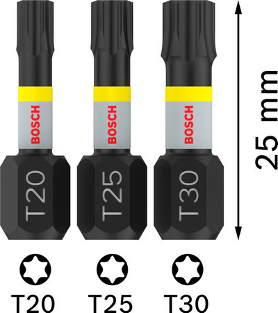 BITS T20-T25-T30 IMPACT 25MM 3ST
