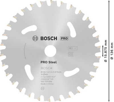 CIRKELSÅGBLAD BOSCH ACCU STD STÅL, 136X15,875X30T
