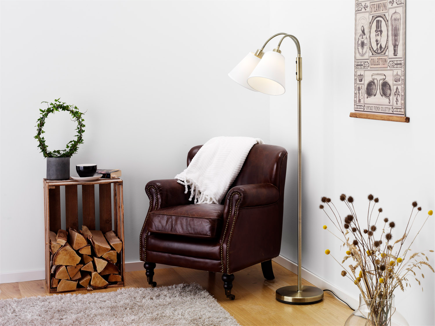 Lattiavalaisin Cottex Duett antiikki 2-osainen, valkoiset varjostimet