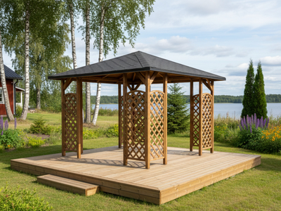 Saaristopaviljonki Tammiston Puu 406cm, runko kestopuu ruskea, katto vaneria