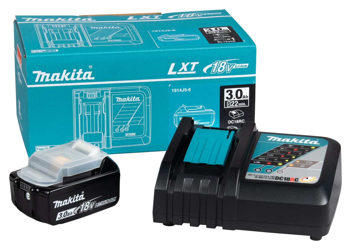 Akku ja laturipaketti Makita 1914J5-6 18V LXT 1x3,0Ah ja DC18RC