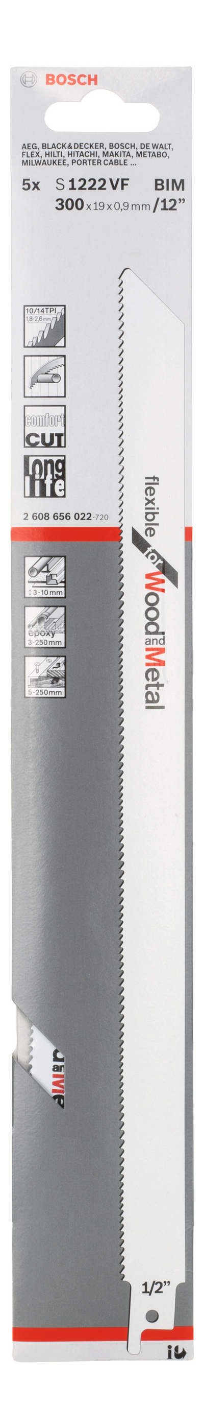 Puukkosahanterä Bosch S 1222 VF 300mm Flexible for Wood and Metal 5kpl