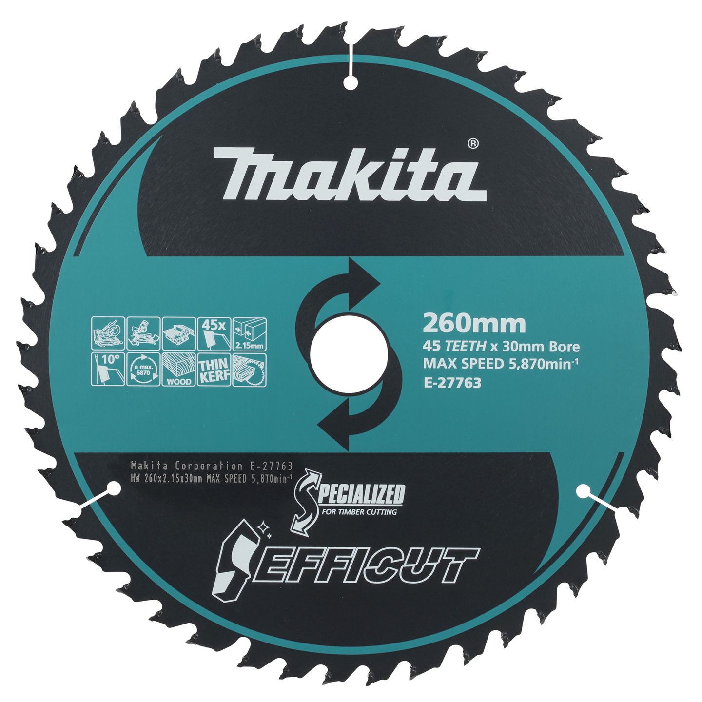 Pyörösahanterä Makita Efficut 260x30x1,45mm Z45 puu/MDF