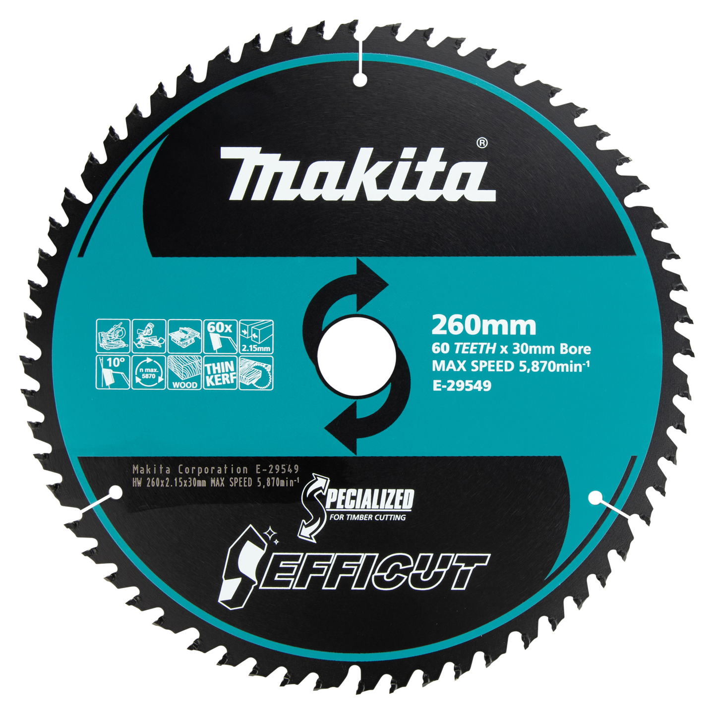 Pyörösahanterä Makita Efficut 260x30x1,45mm Z60 puu/MDF