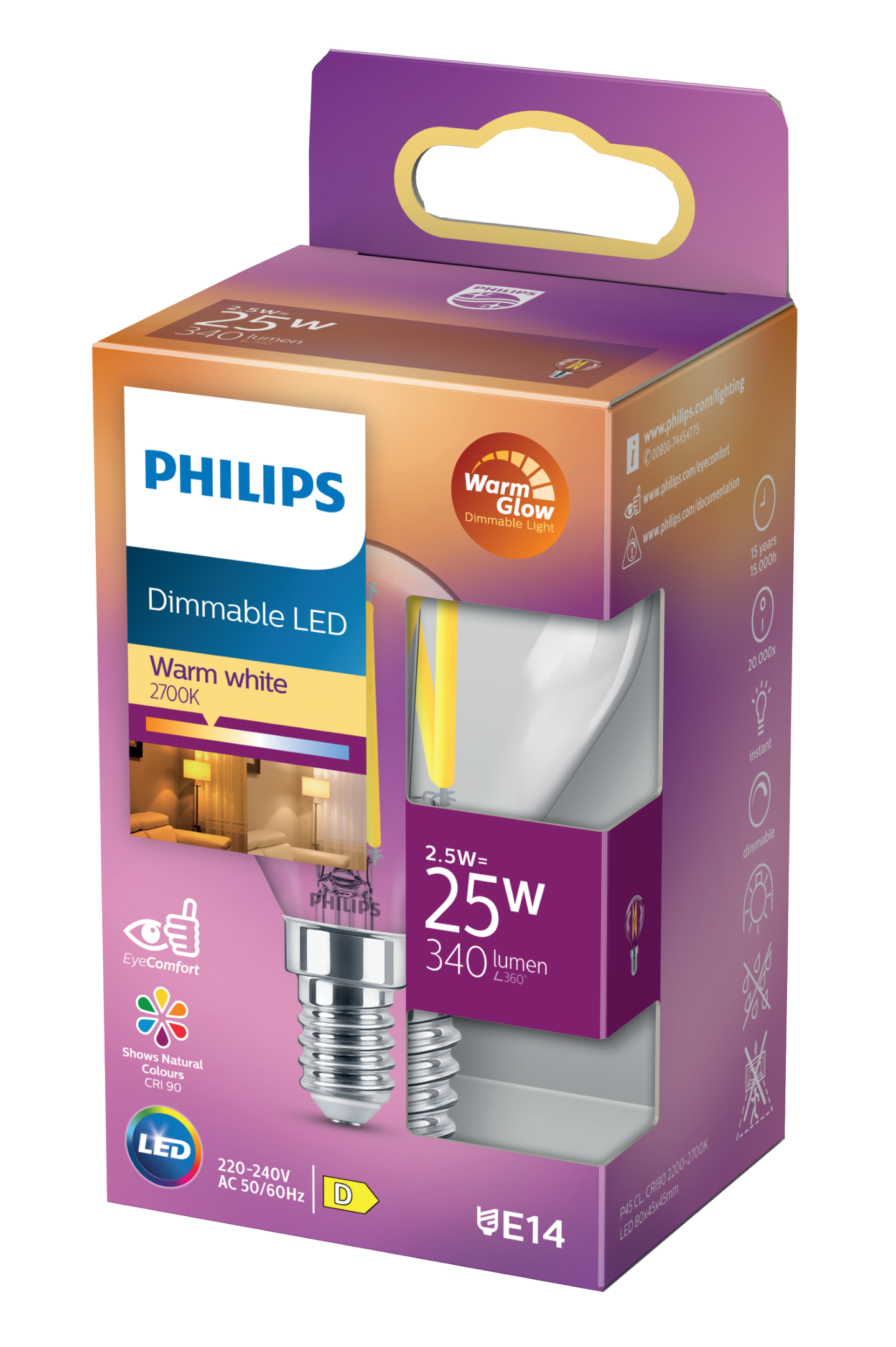 LEDLAMPA PHILIPS KLOT FIL VV DIMBAR, E14 25W