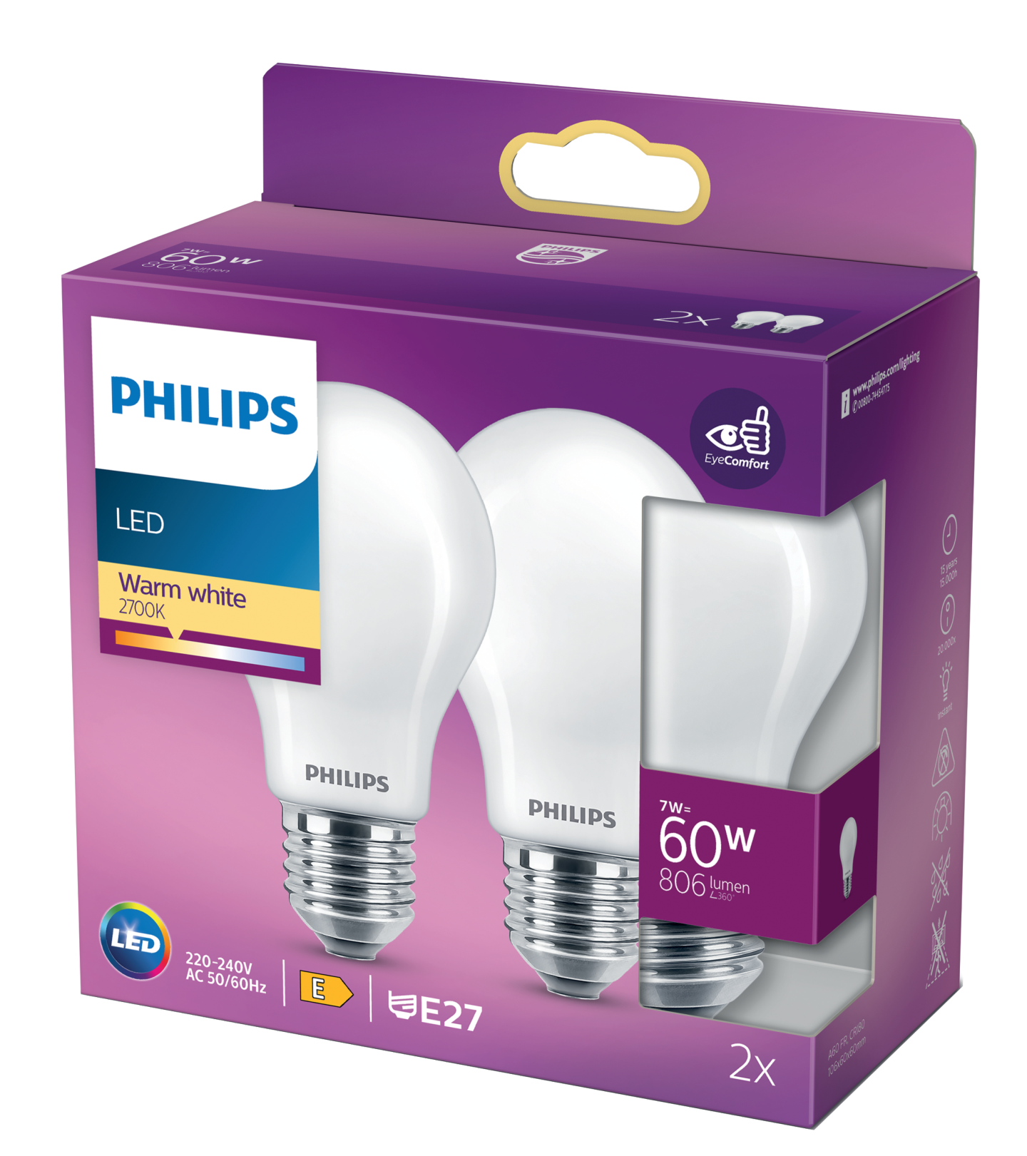 LEDLAMPA PHILIPS NORMAL FROST VV E27, 60W 2ST