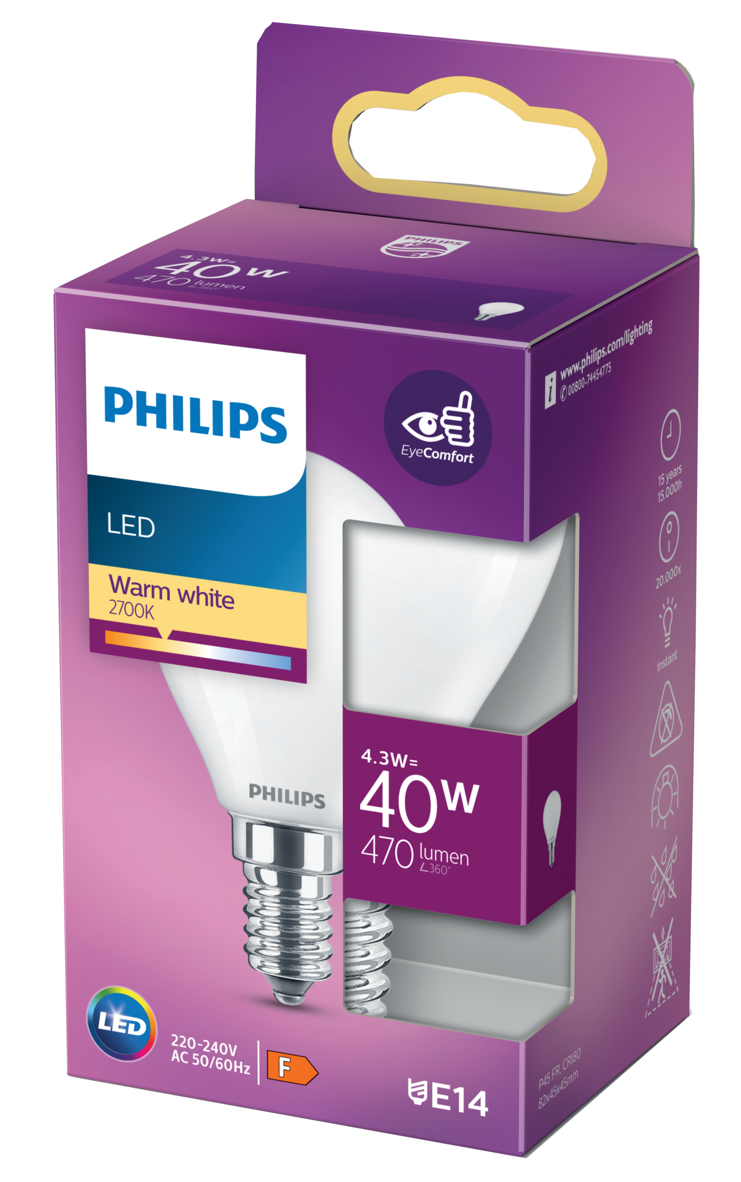 LEDLAMPA PHILIPS KLOT FROST VV P45 E14, 40W