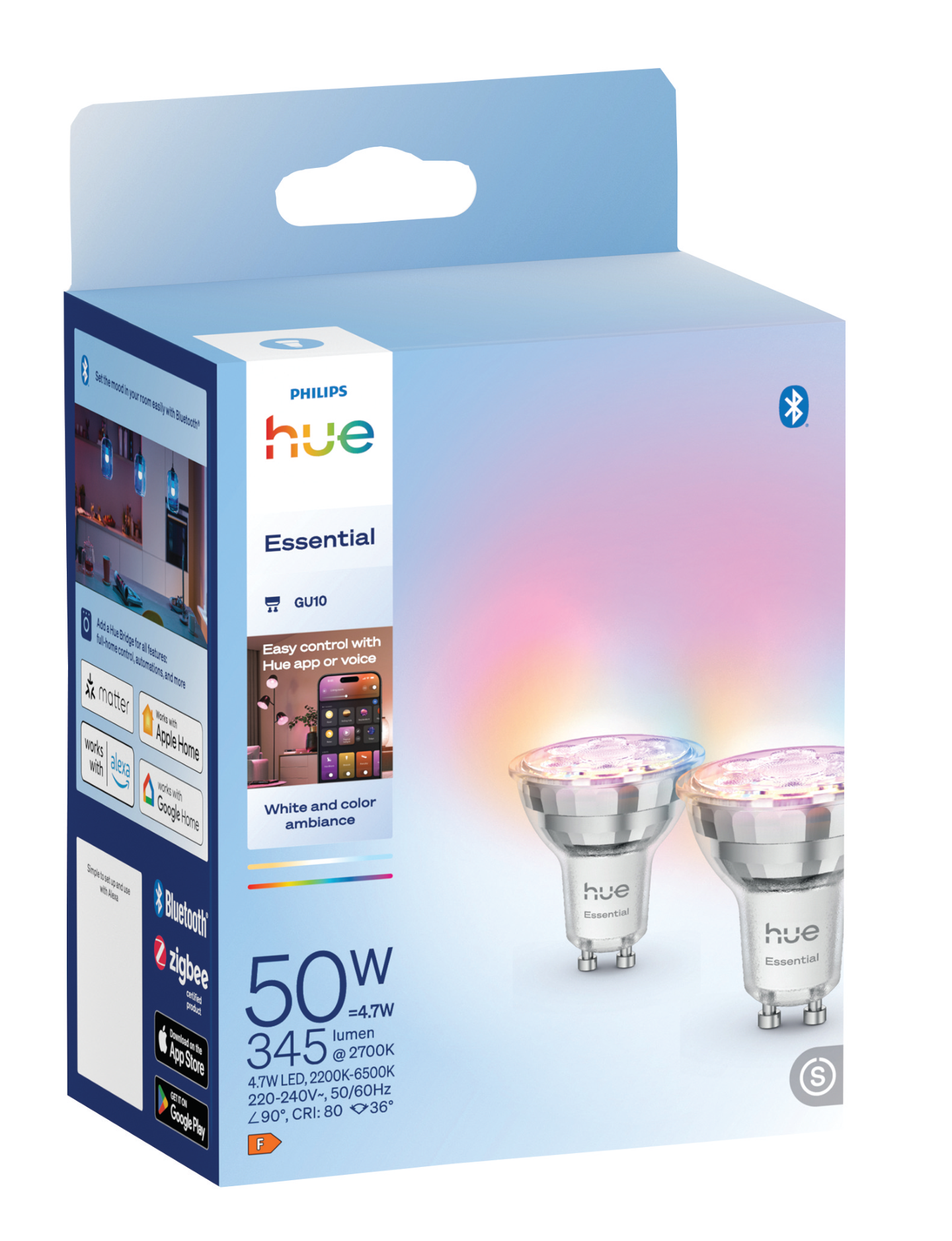 Led-lamppu PHILIPS ESSENTIAL White and Color Ambiance 345lm 2200-6500K GU10 2kpl