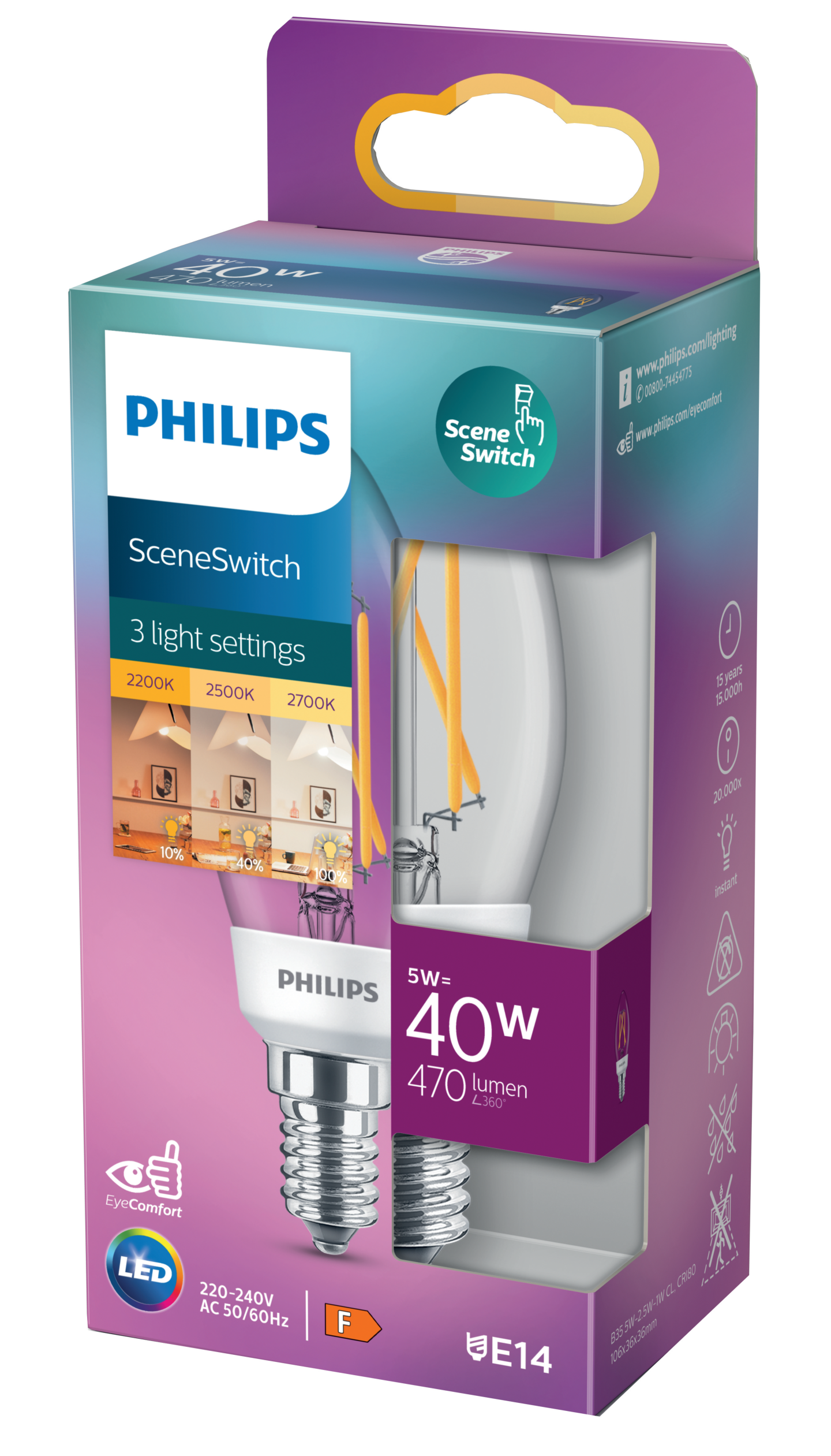 Led-lamppu Philips SceneSwitch 40W B35 E14 lämmin valkoinen