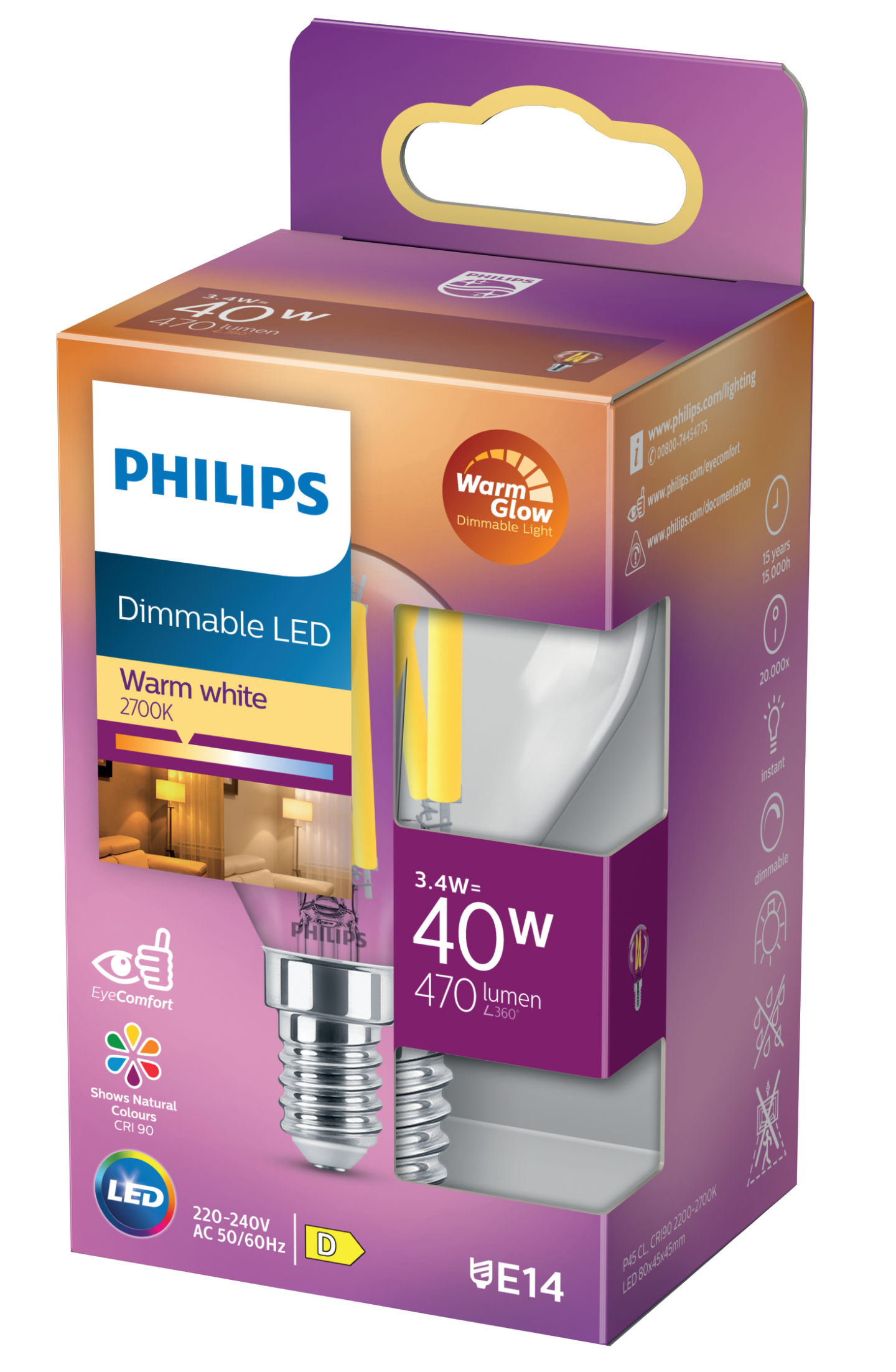 LEDLAMPA PHILIPS KLOT FIL VV DIMBAR, E14 40W