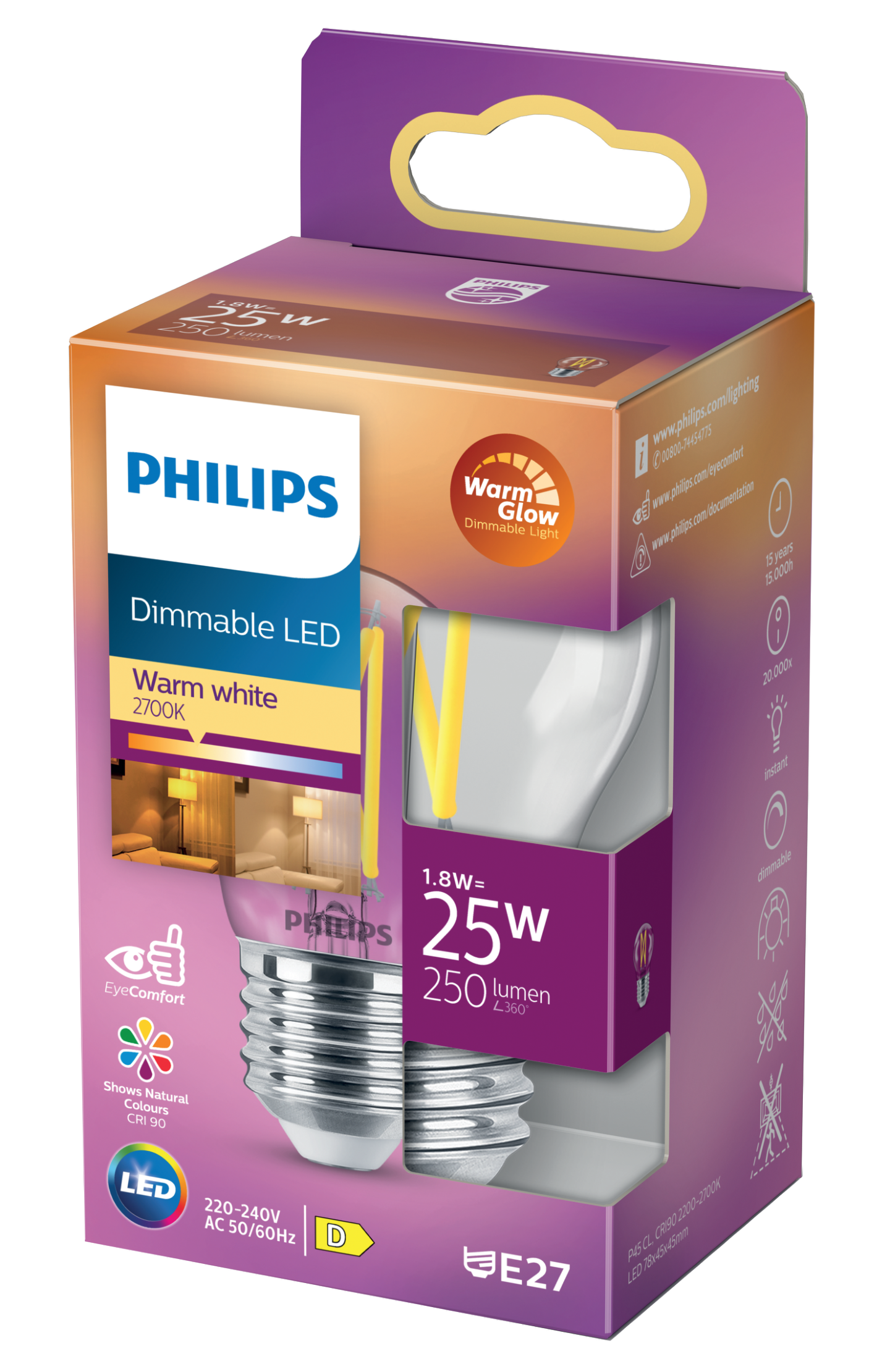 LEDLAMPA PHILIPS KLOT FIL DIMBAR  E27, 25W