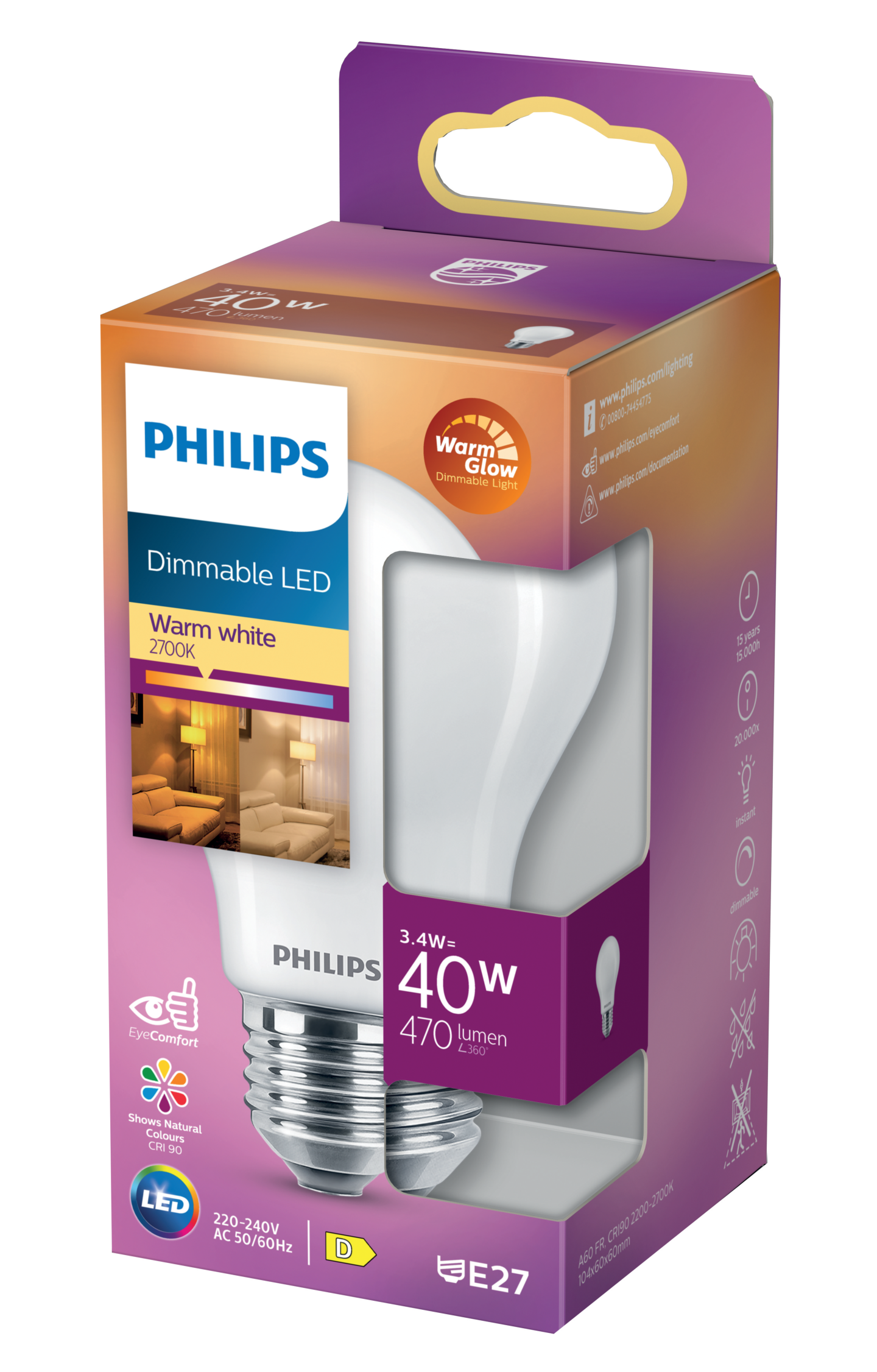 LEDLAMPA PHILIPS NORMAL FROST VV DIM, E27 40W