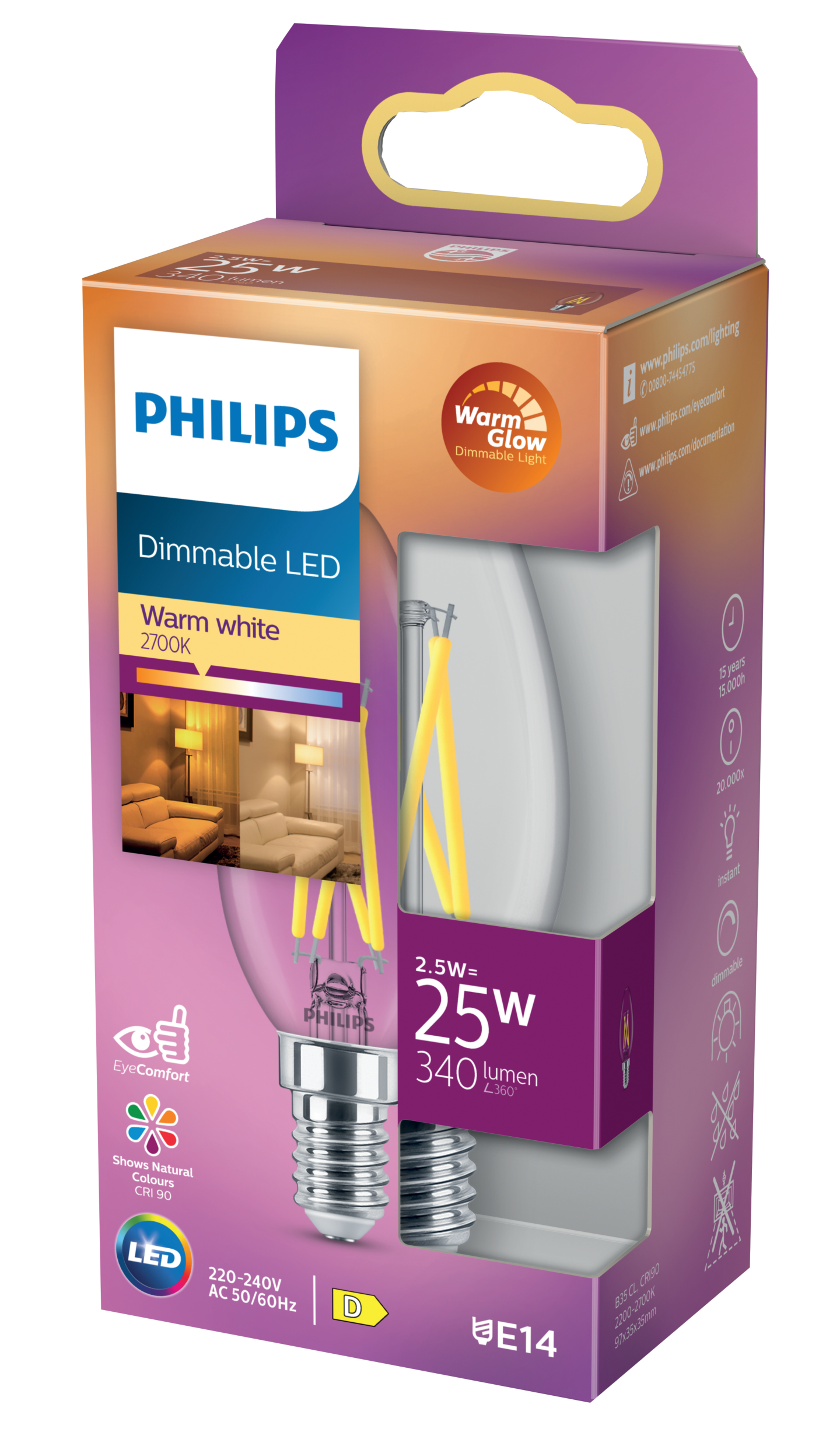 LEDLAMPA PHILIPS KRON FIL VV DIMBAR, E14 25W