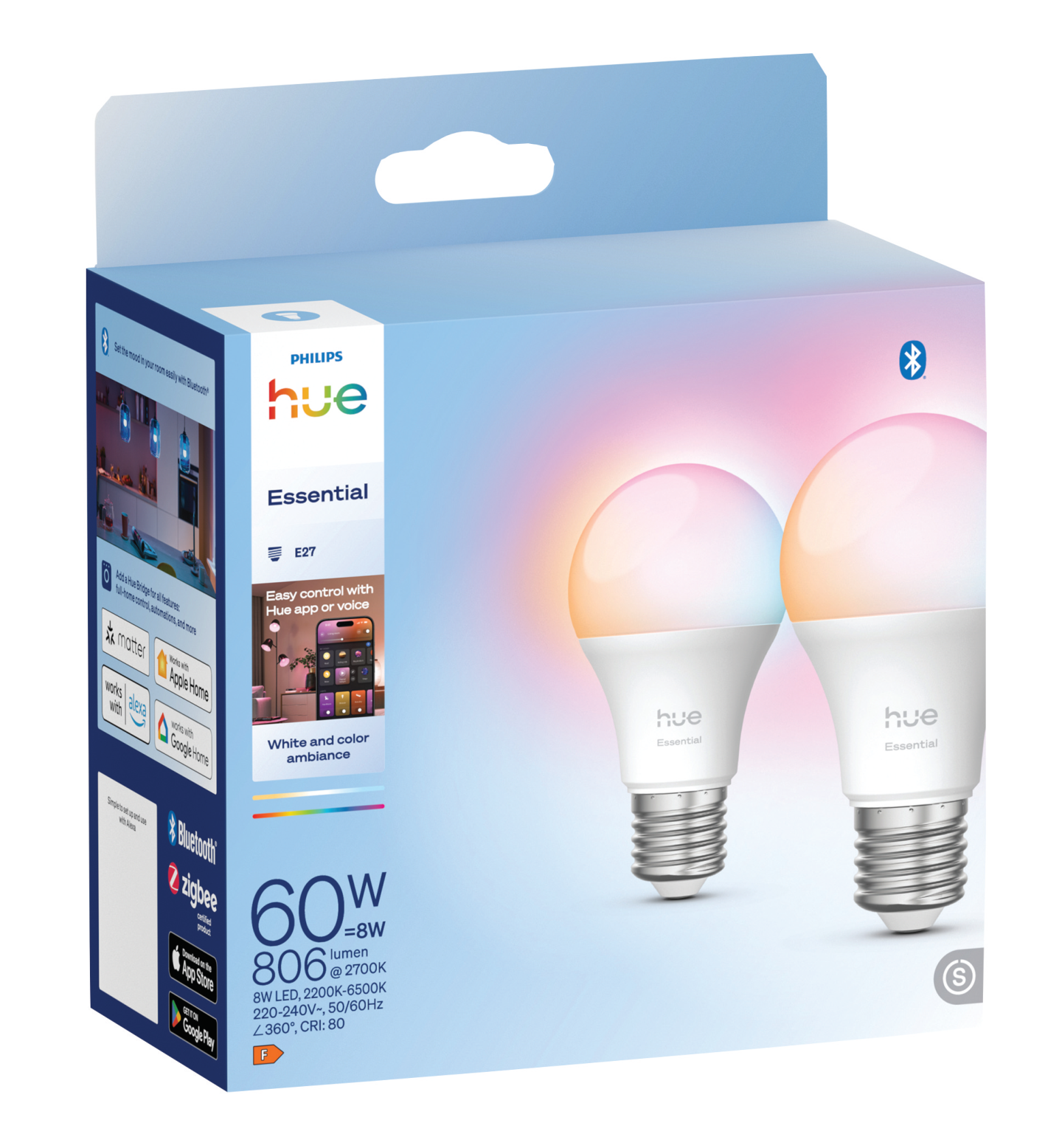 Led-lamppu PHILIPS ESSENTIAL White and Color Ambiance 806lm 2200-6500K E27 2kpl