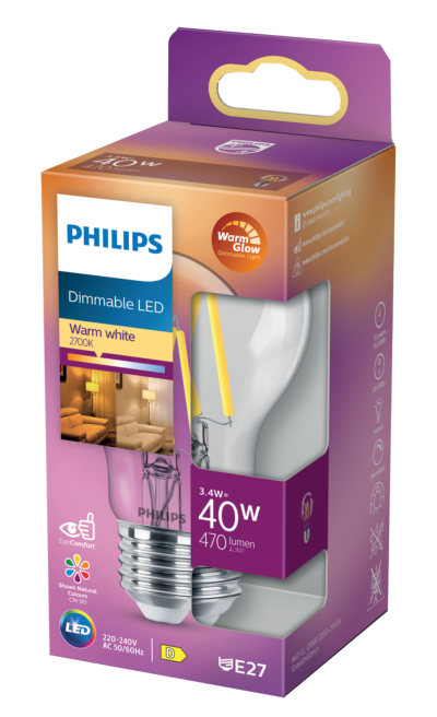 LEDLAMPA PHILIPS NORMAL FIL VV DIMBAR, E27 40W
