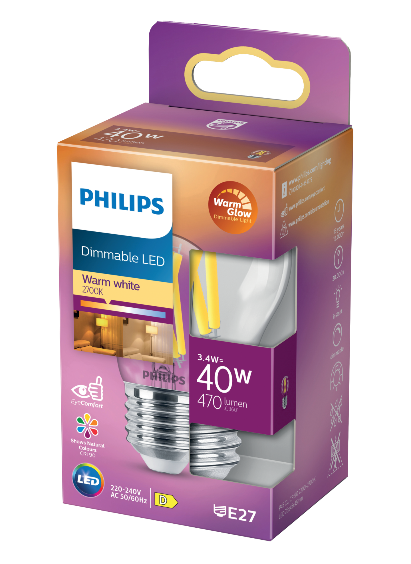 LEDLAMPA PHILIPS KLOT FIL VV DIMBAR, E27 40W