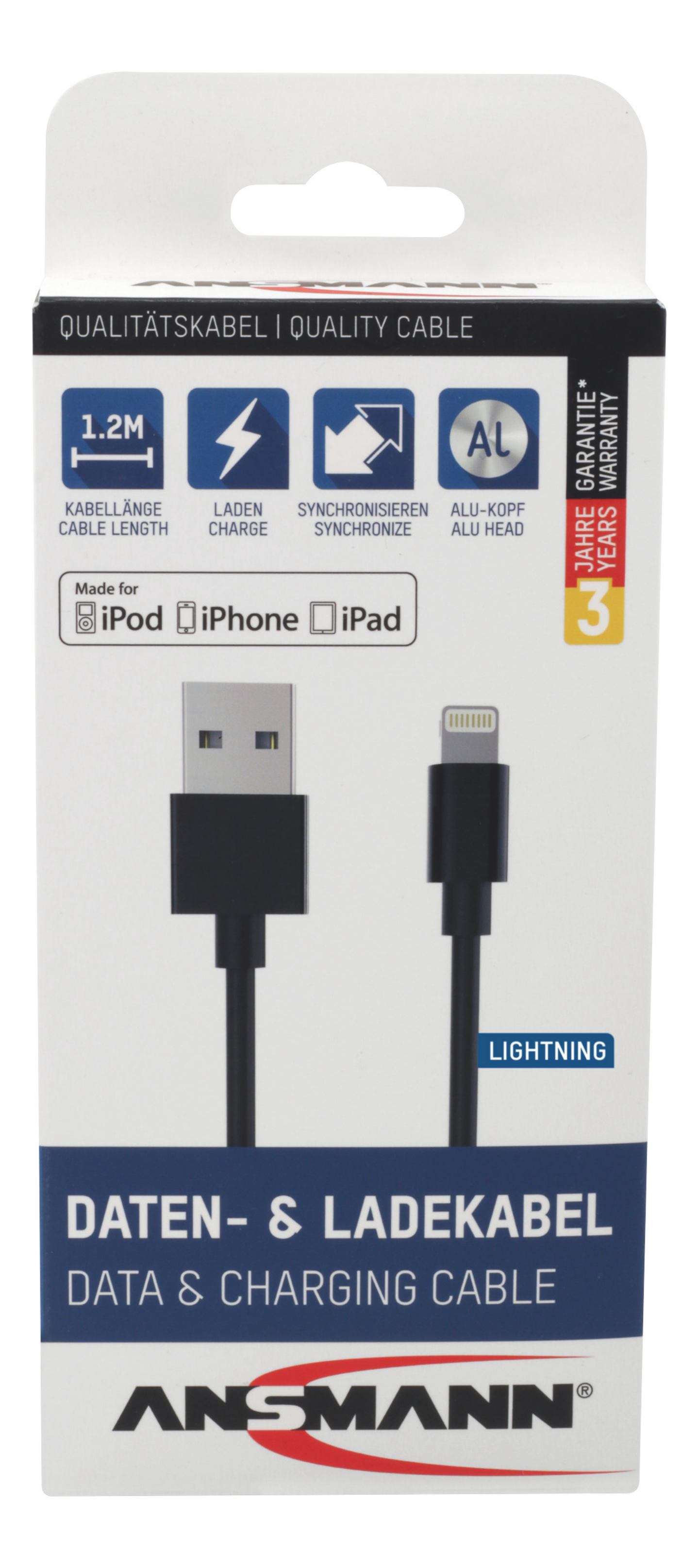 LADDKABEL ANSMANN USB A LIGHTNING SVAR 1,2M