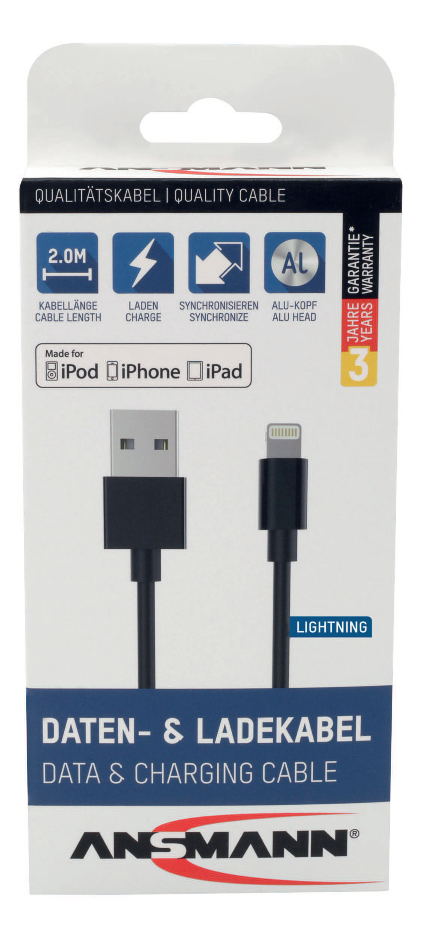 LADDKABEL ANSMANN USB A LIGHTNING, SVART 2M