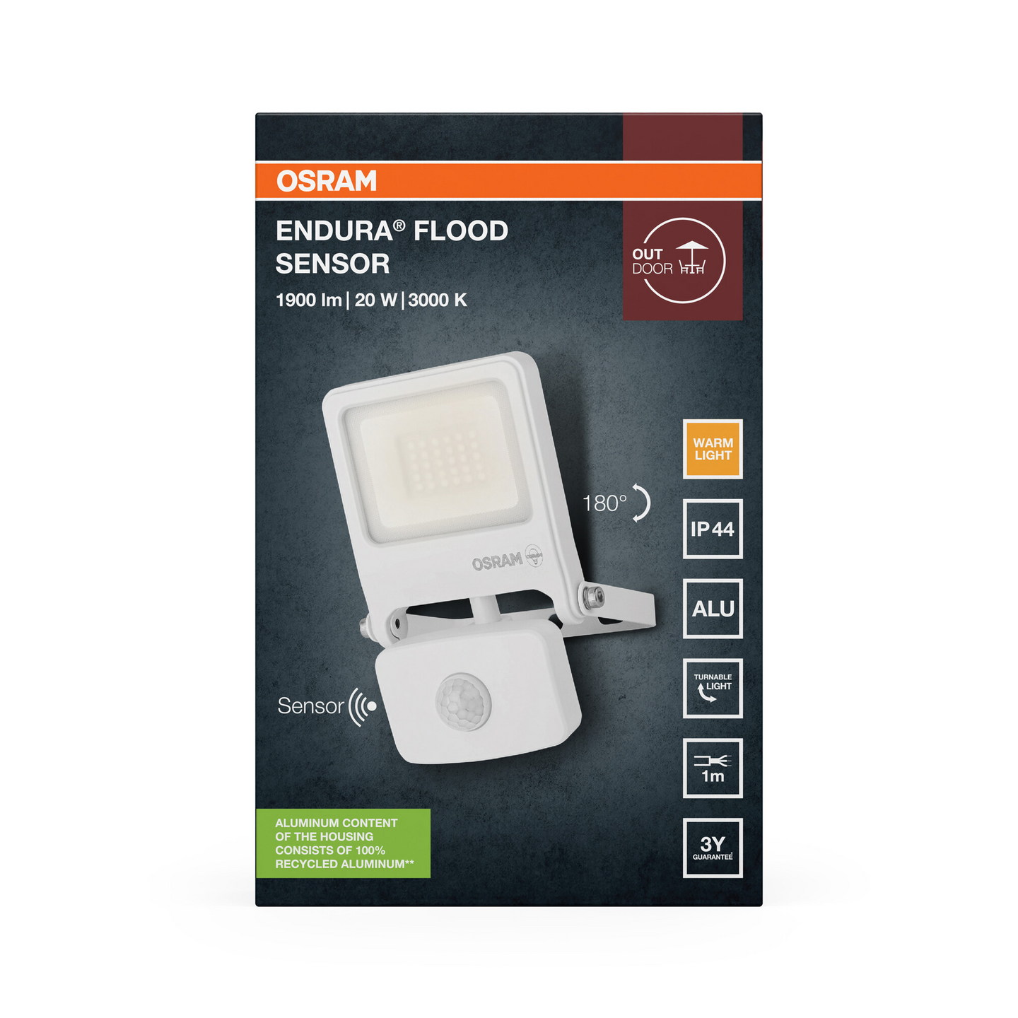 Led-valonheitin OSRAM Endura Flood 20W 3000K 1800lm IP44 valkoinen tunnistimella