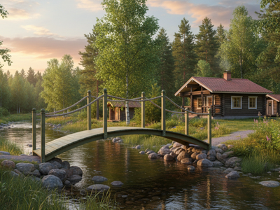 Kaarisilta Tammiston Puu köysikaiteilla  380cm kestopuu vihreä