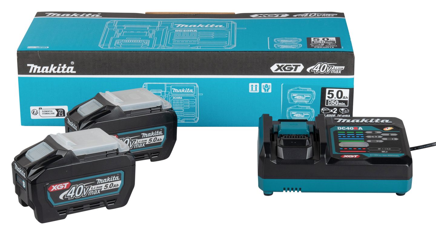 Akku-laturipaketti Makita DC40RA 40V XGT 2xBL4050F pahvilaatikossa