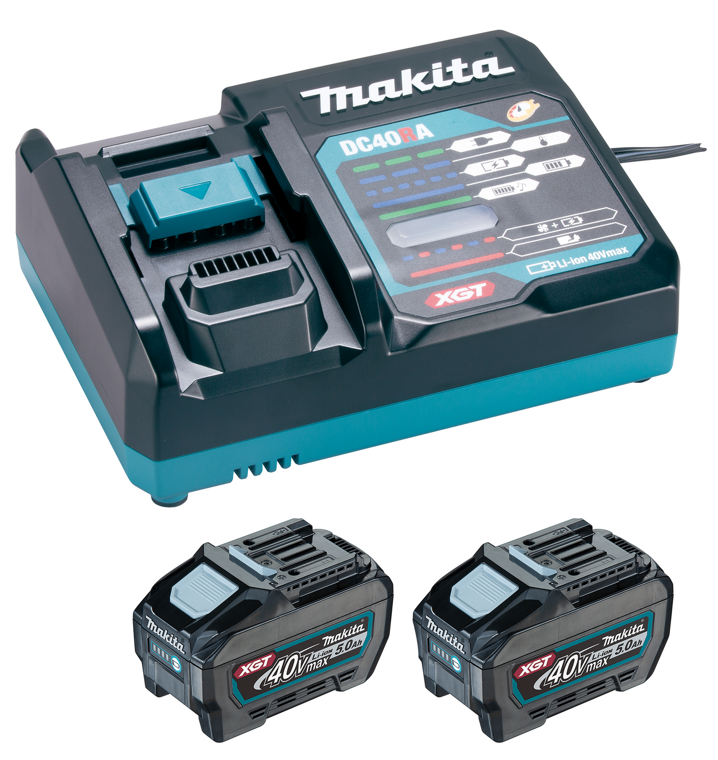 Akku-laturipaketti Makita DC40RA 40V XGT 2xBL4050F pahvilaatikossa