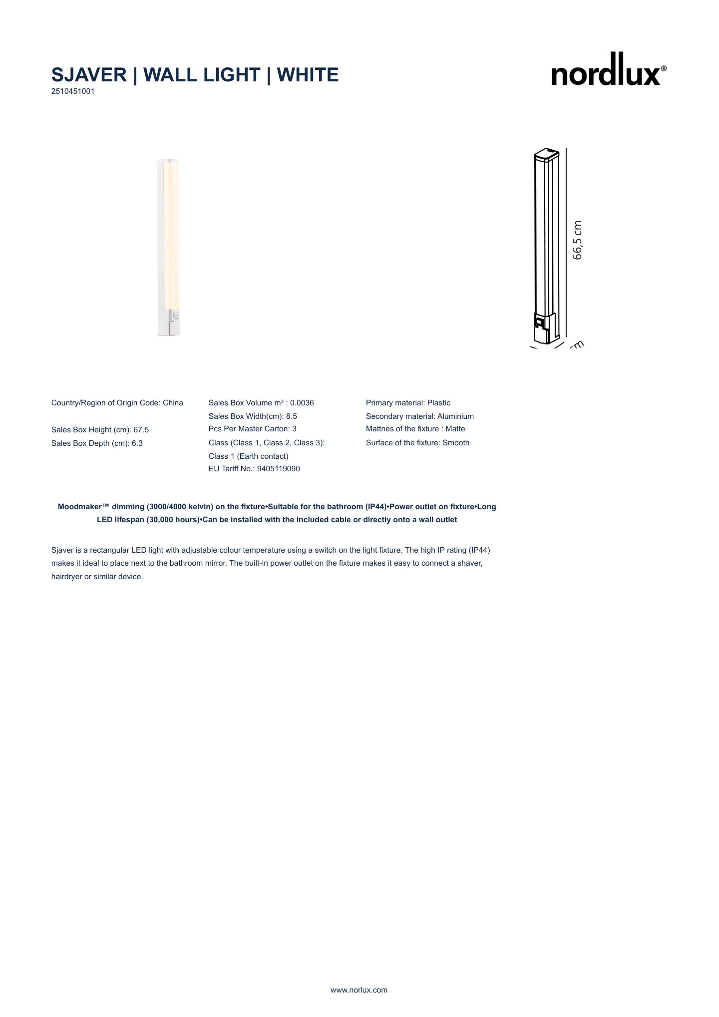 Kylpyhuonevalaisin Nordlux Sjaver led 1350lm valkoinen