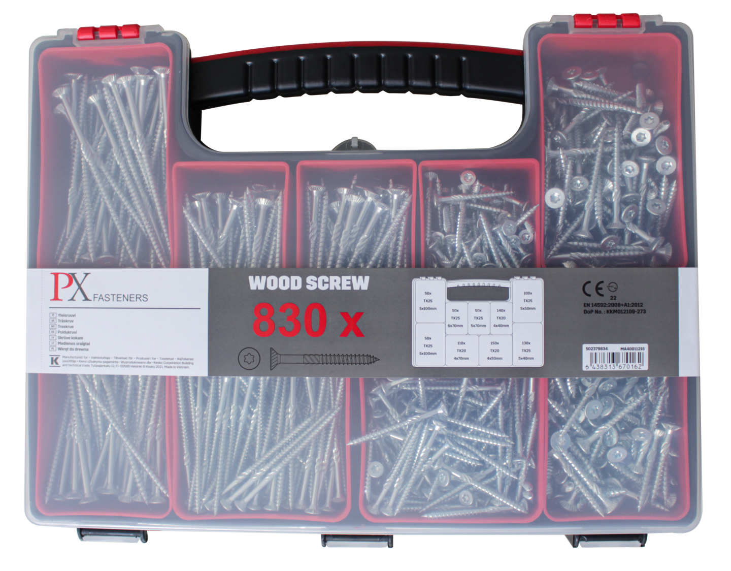 Yleisruuvisalkku PX uppokanta Torx sinkitty 7 kokoa 830kpl