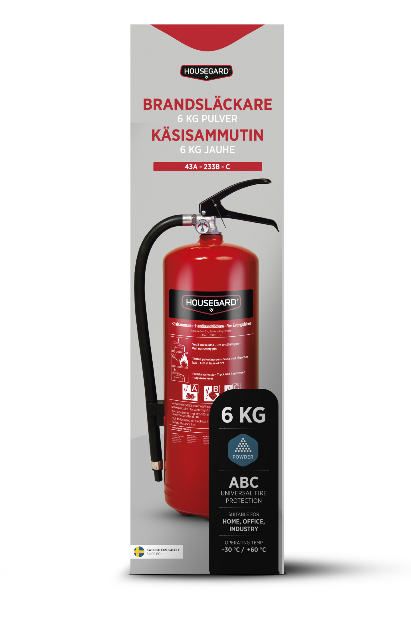 Jauhesammutin Housegard 6kg 43A 233BC sis. letkun ja seinäkiinnikkeen