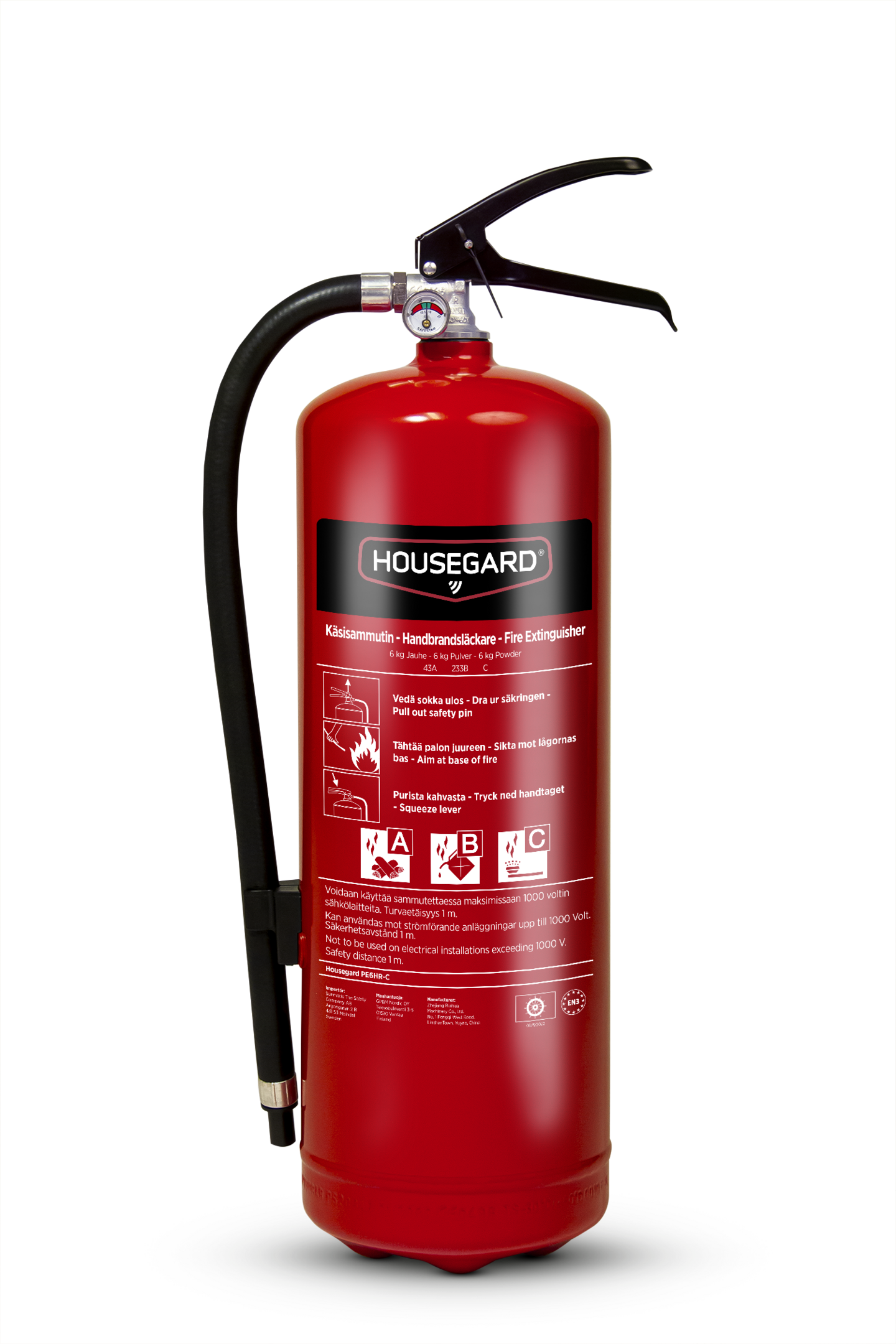 Jauhesammutin Housegard 6kg 43A 233BC sis. letkun ja seinäkiinnikkeen