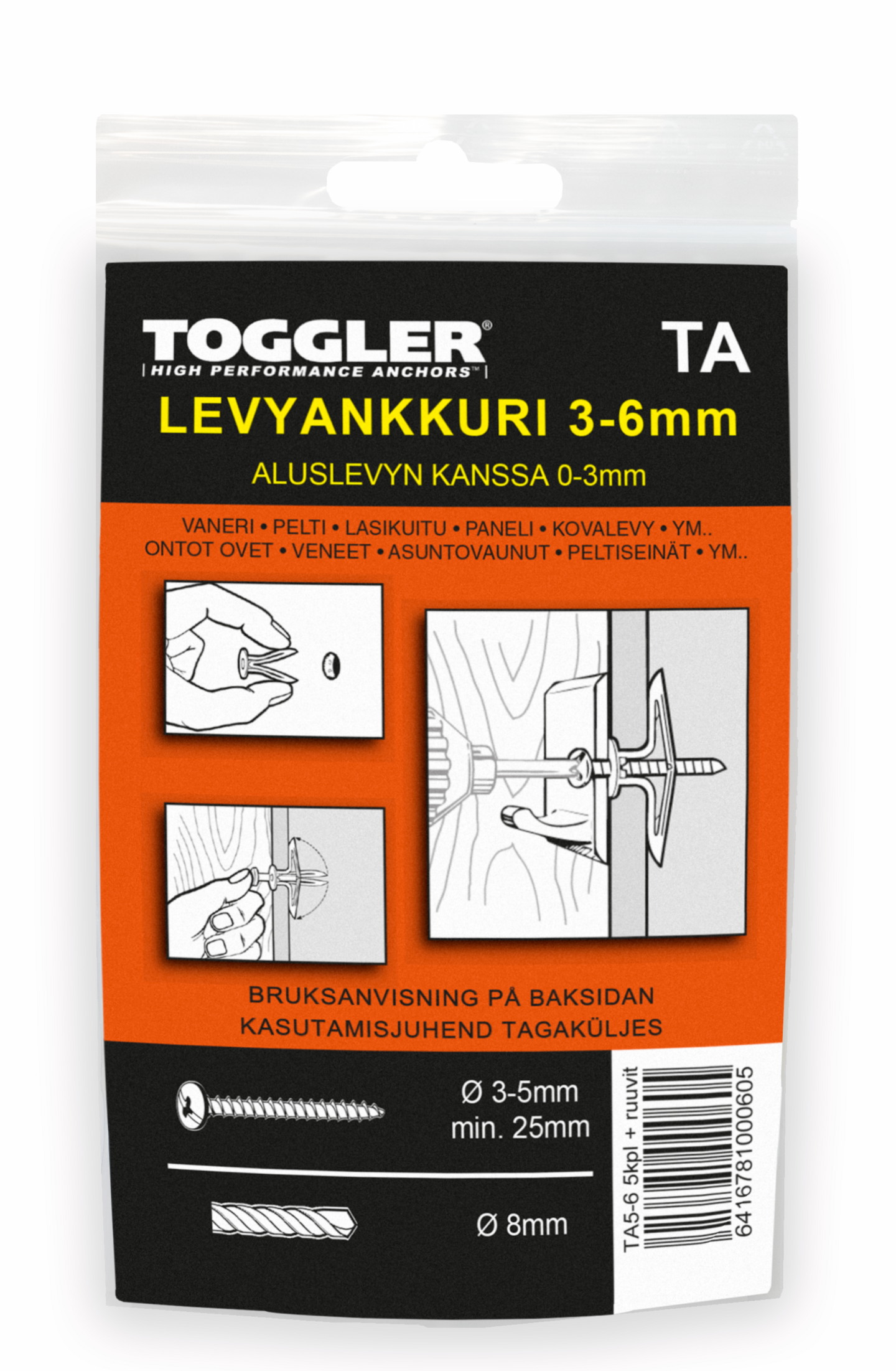 Ohutlevyankkuri TOGGLER HWA TA 3-6mm + ruuvit 5kpl