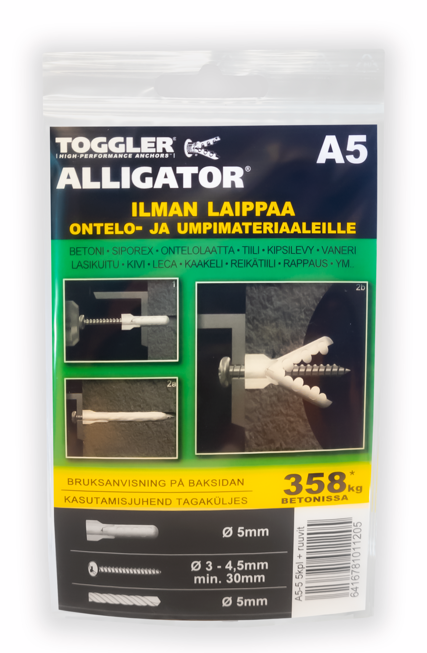 Tulppa Toggler Alligator A5 5mm laipaton + ruuvit 5kpl