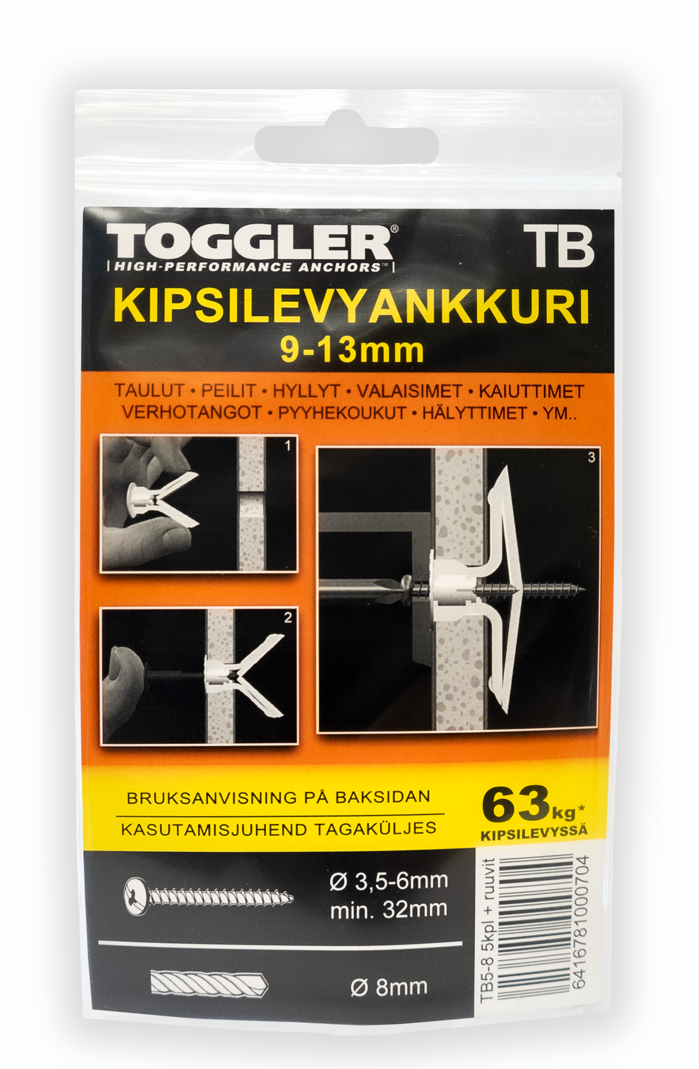 Ohutlevyankkuri TOGGLER HWA TB 9-13mm + ruuvit 5kpl
