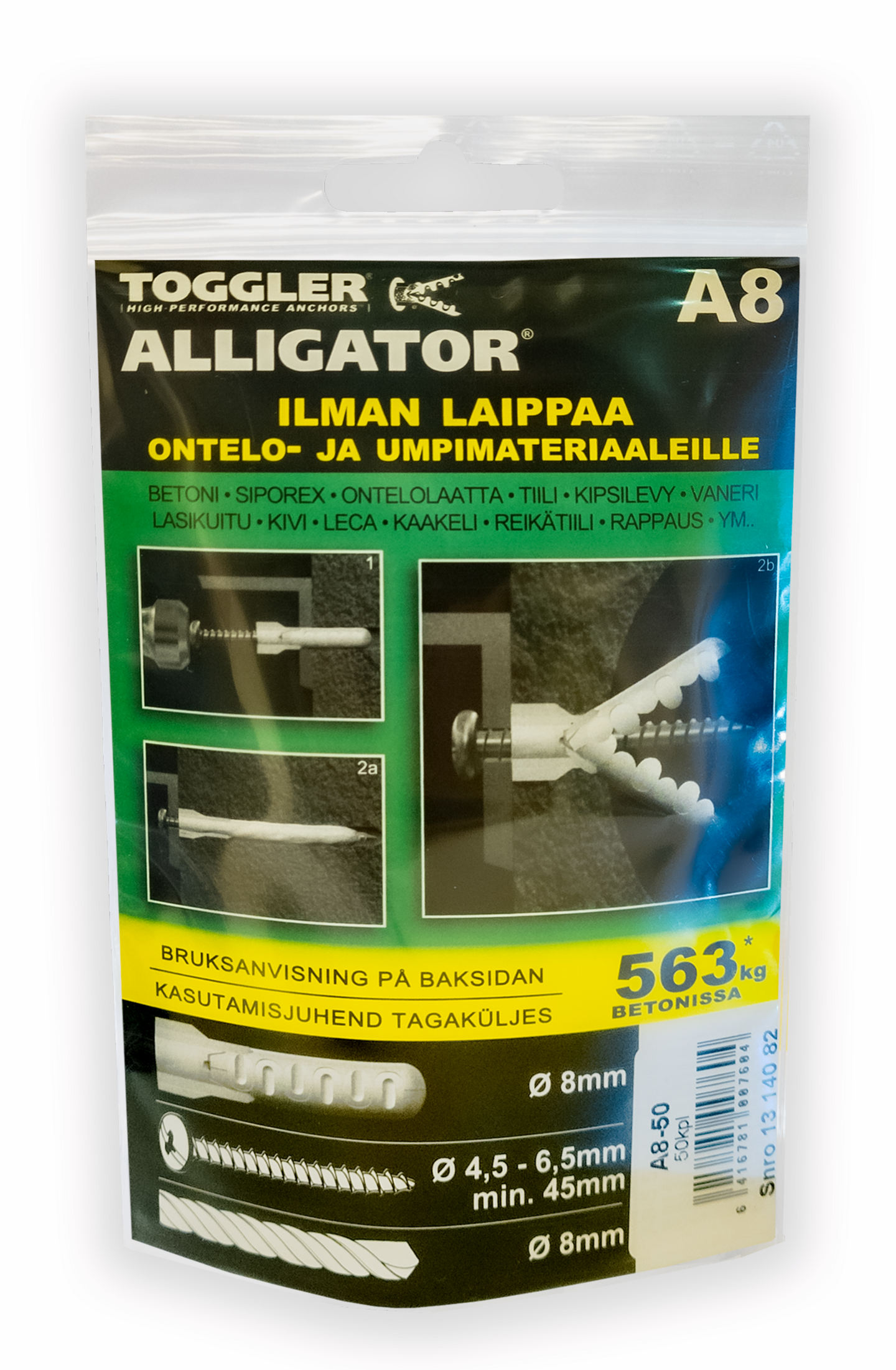 Tulppa Toggler Alligator A8 8mm laipaton 50kpl
