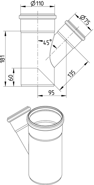 Haarayhde Blücher ruostumaton teräs 45° 110/75mm