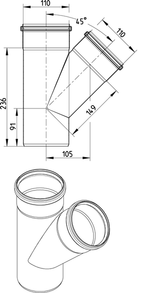 Haarayhde Blücher 45° 110/110mm ruostumaton teräs