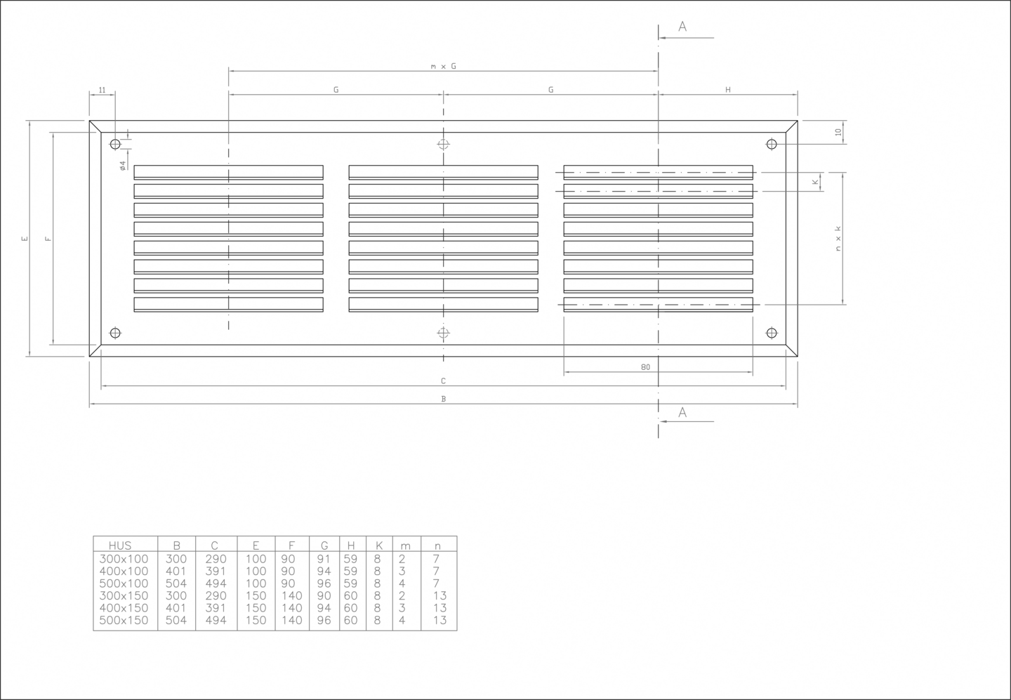 Vapaavirtaussäleikkö FläktGroup HUS 300x150mm kiinteä