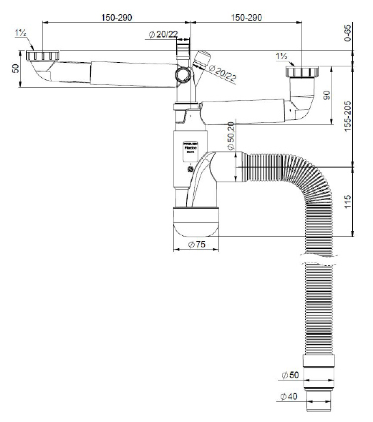 Keittiövesilukko Prevex Flexloc 2-altainen 1 1/2"