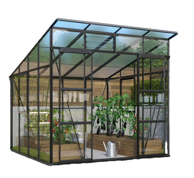 Kasvihuone Vitavia Freya 7600 karkaistu lasi/kennolevy, musta alumiinirunko