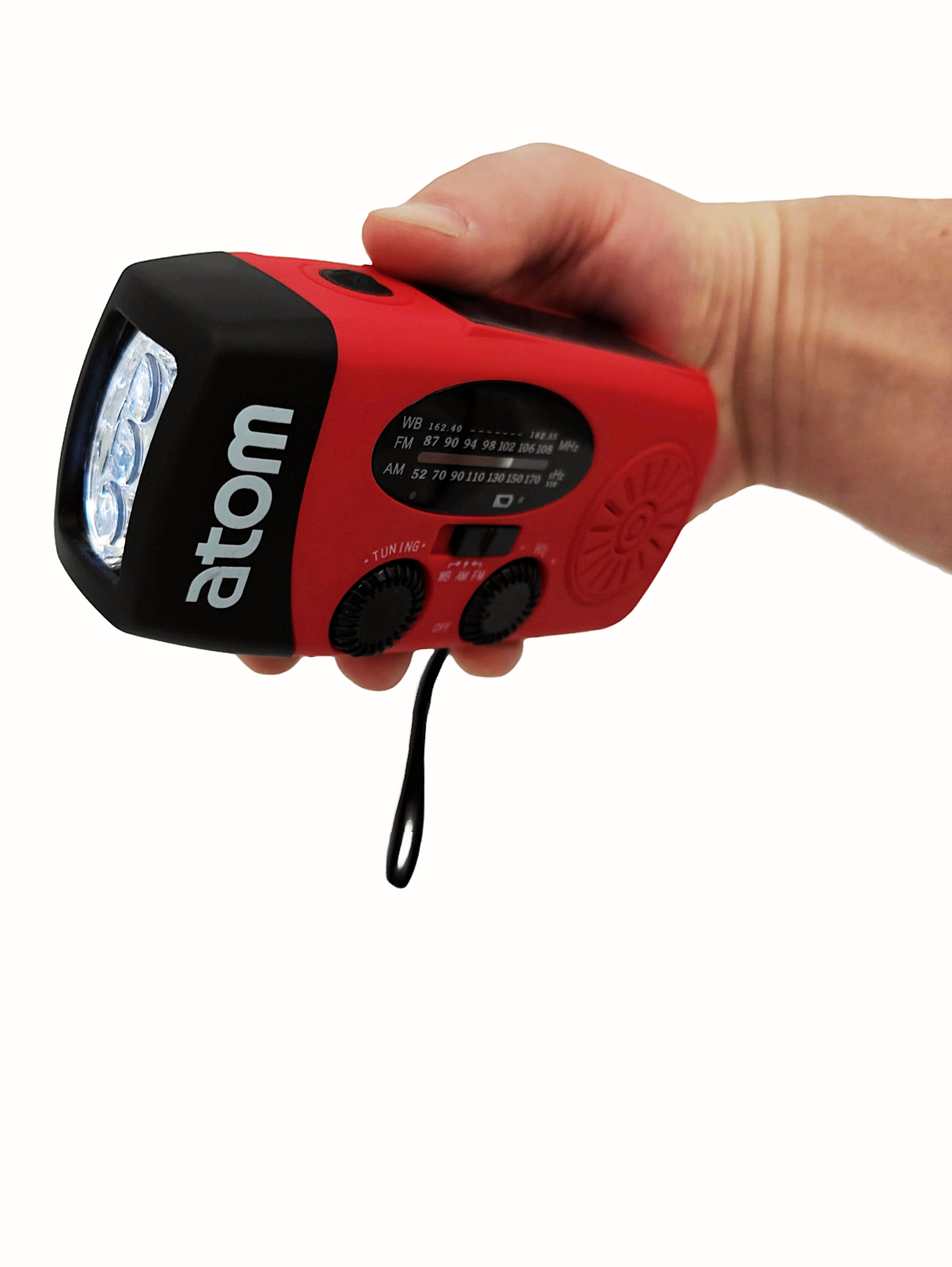 Hätäradio Atom valolla ja varavirtalähteellä