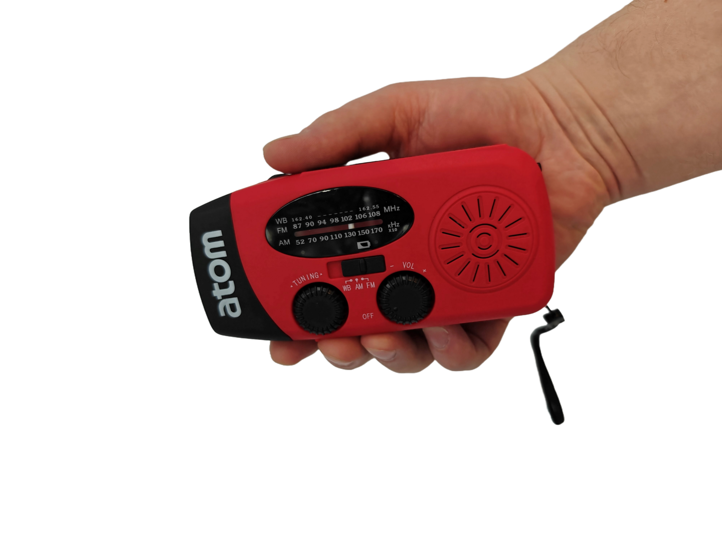 Hätäradio Atom valolla ja varavirtalähteellä