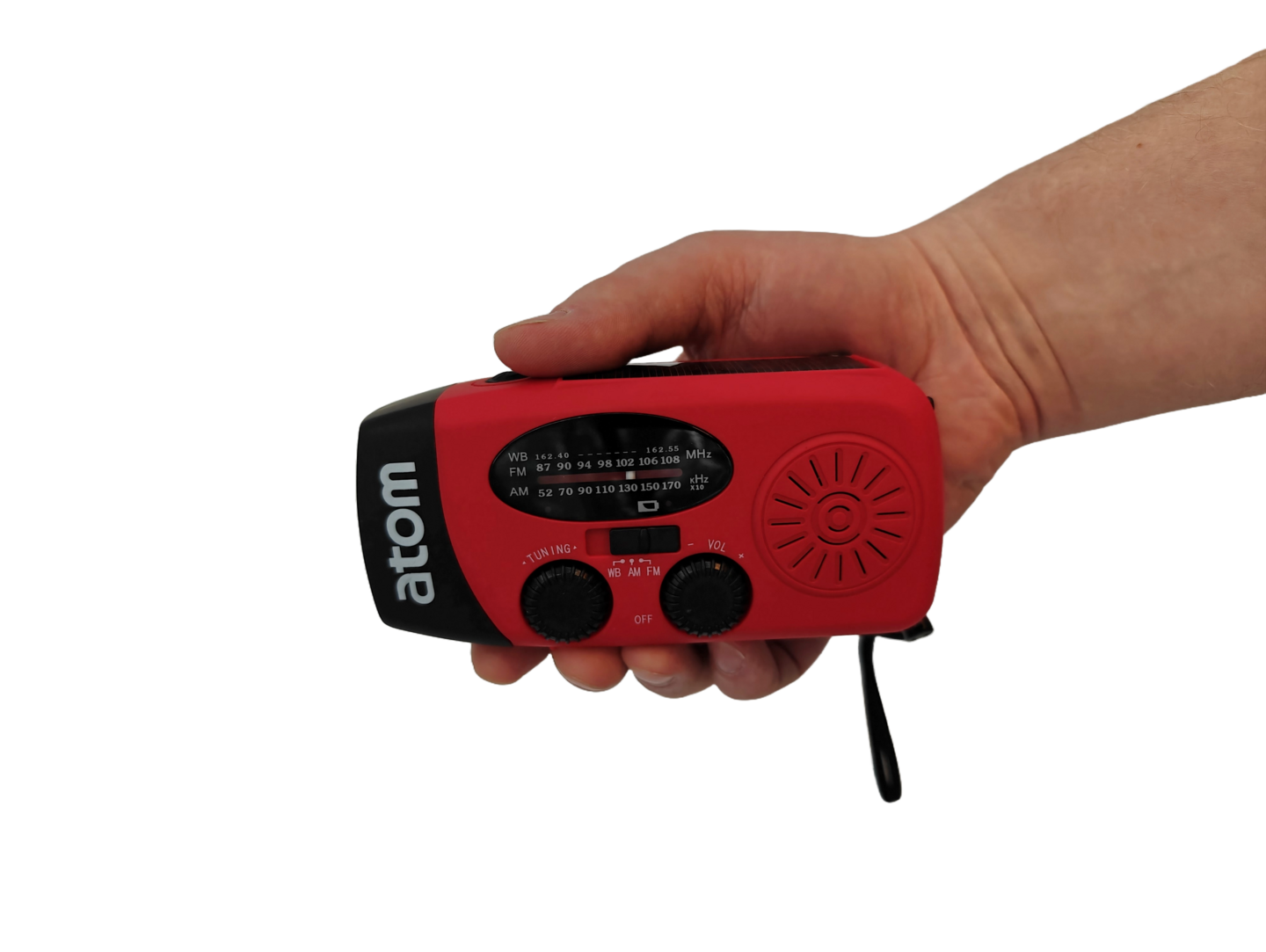 Hätäradio Atom valolla ja varavirtalähteellä