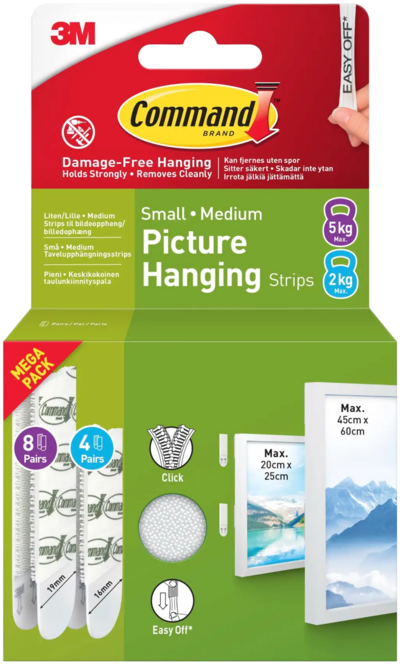 Taulunkiinnityspala Command 17203 valkoinen, 4 paria S ja 8 paria M
