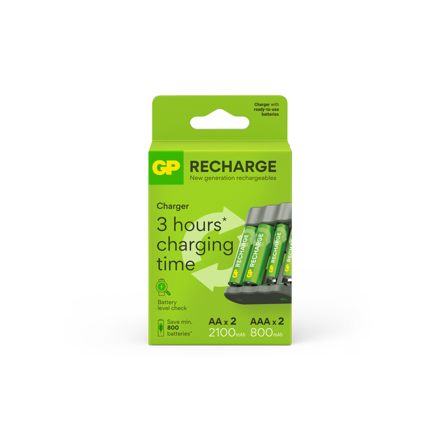 GP Recharge akkulaturi sis. 2kpl AA 2100mAh ja 2kpl AAA 800mAh NiMH-akut