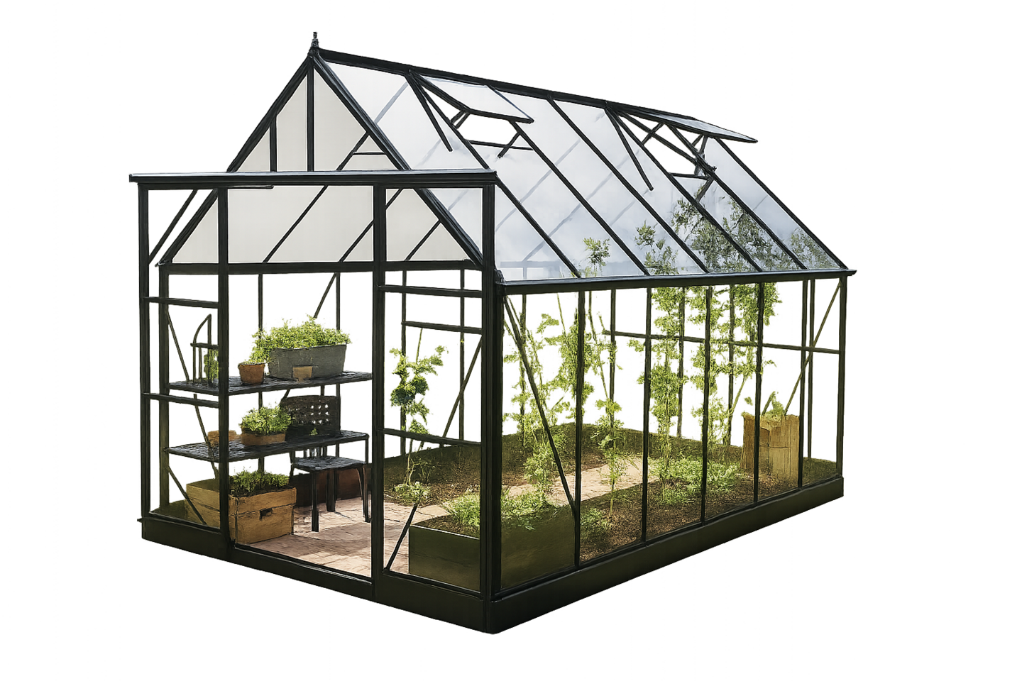 Kasvihuone Halls Icon 8,1 m2, musta alumiinirunko 3 mm karkaistuilla laseilla